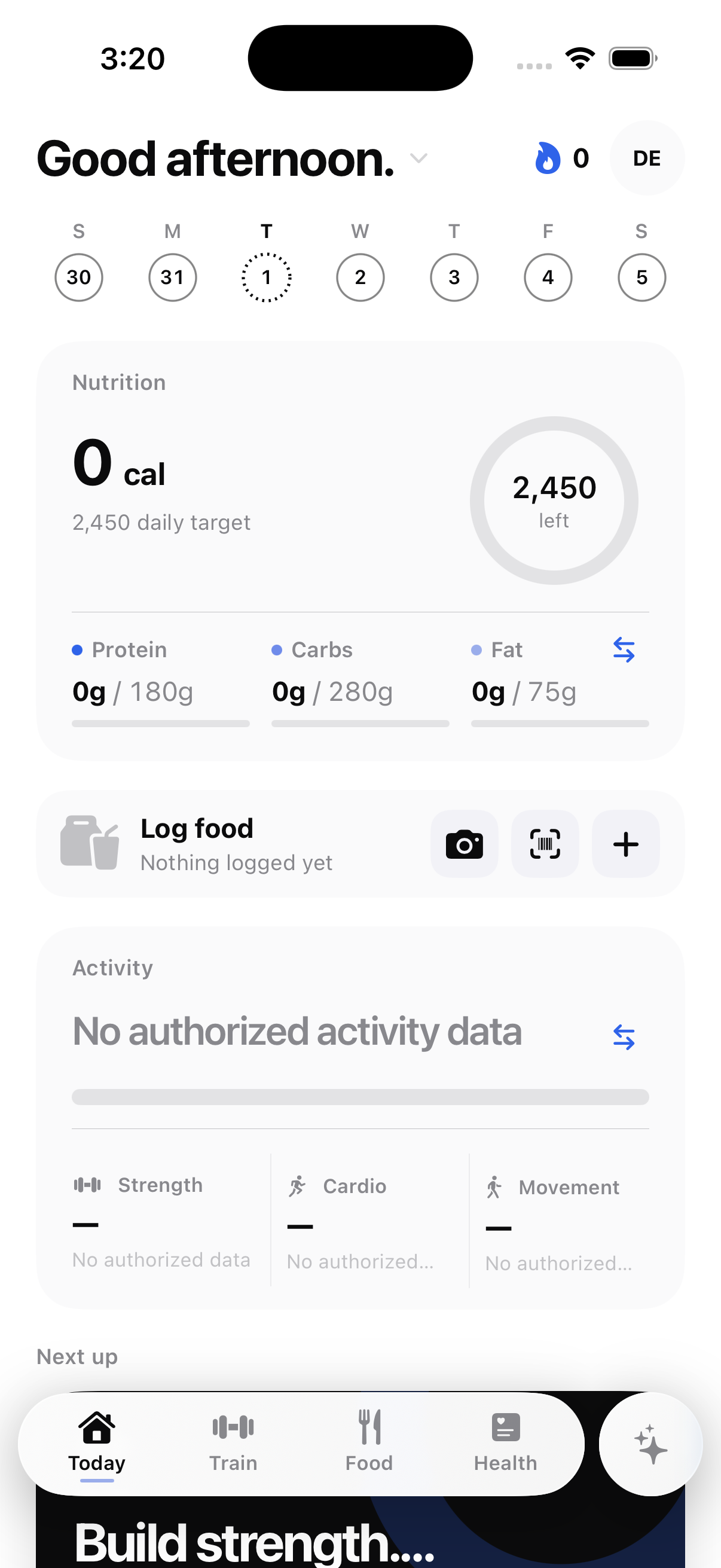 Form Today screen with nutrition and activity overview